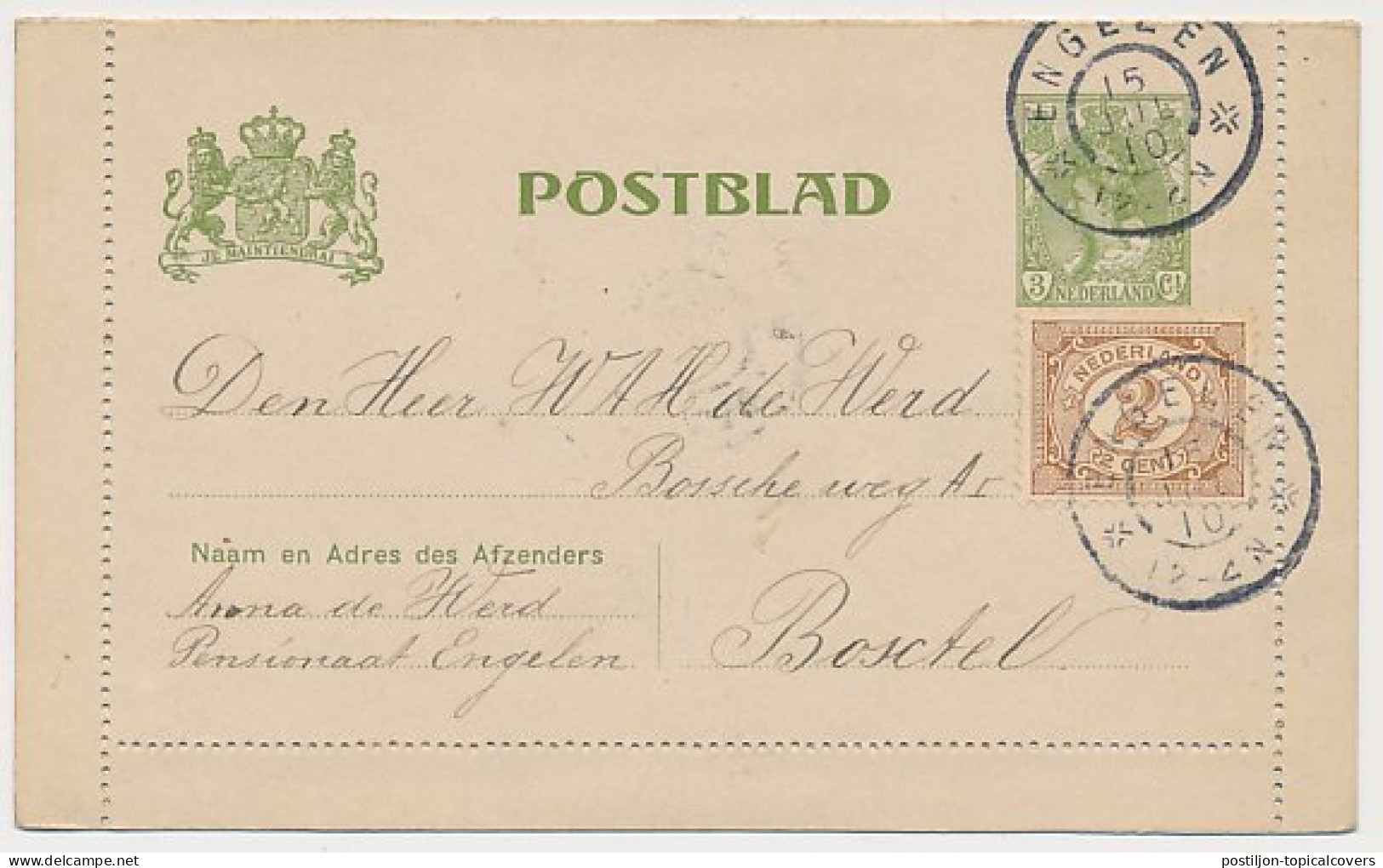 Postblad G. 11 / Bijfrankering Engelen - Boxtel 1910 - Material Postal