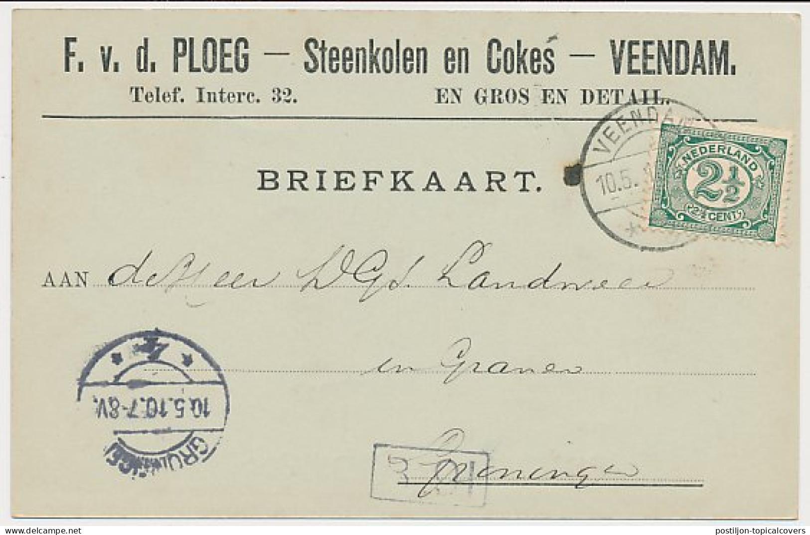 Firma Briefkaart Veendam 1910 - Steenkolen - Cokes - Unclassified
