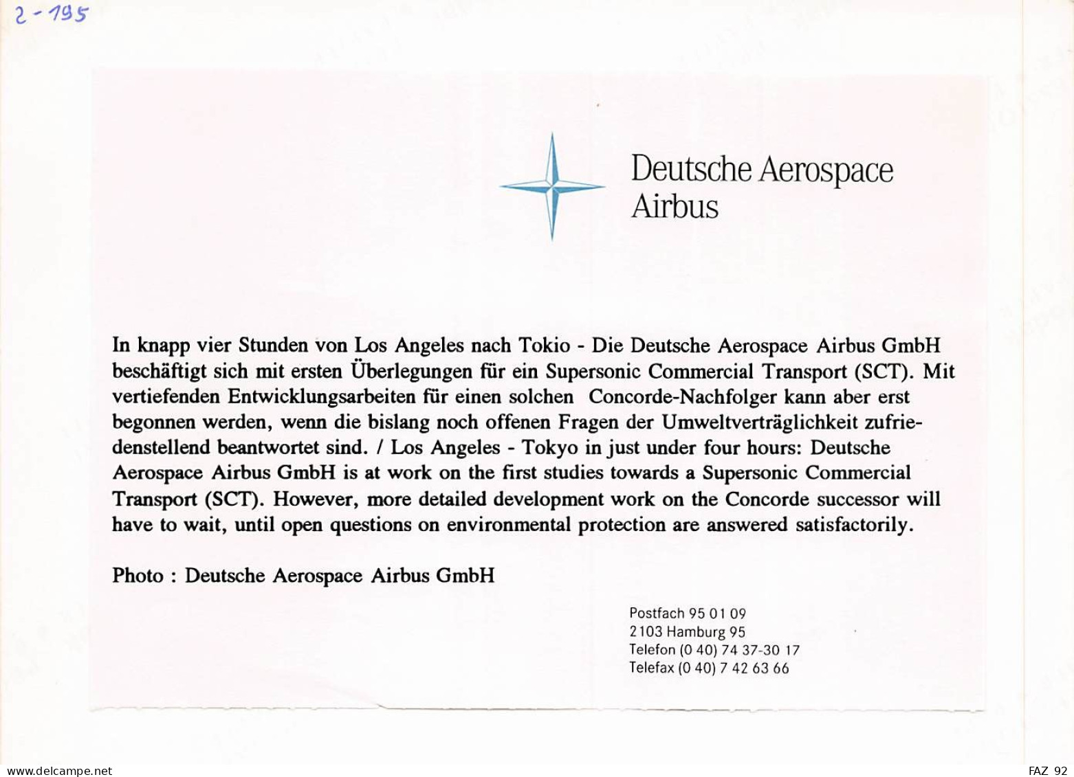 Airbus SCT - Supersonic Commercial Transport - Deutsche Aerospace - +/- 180 X 130 Mm. - - Aviazione