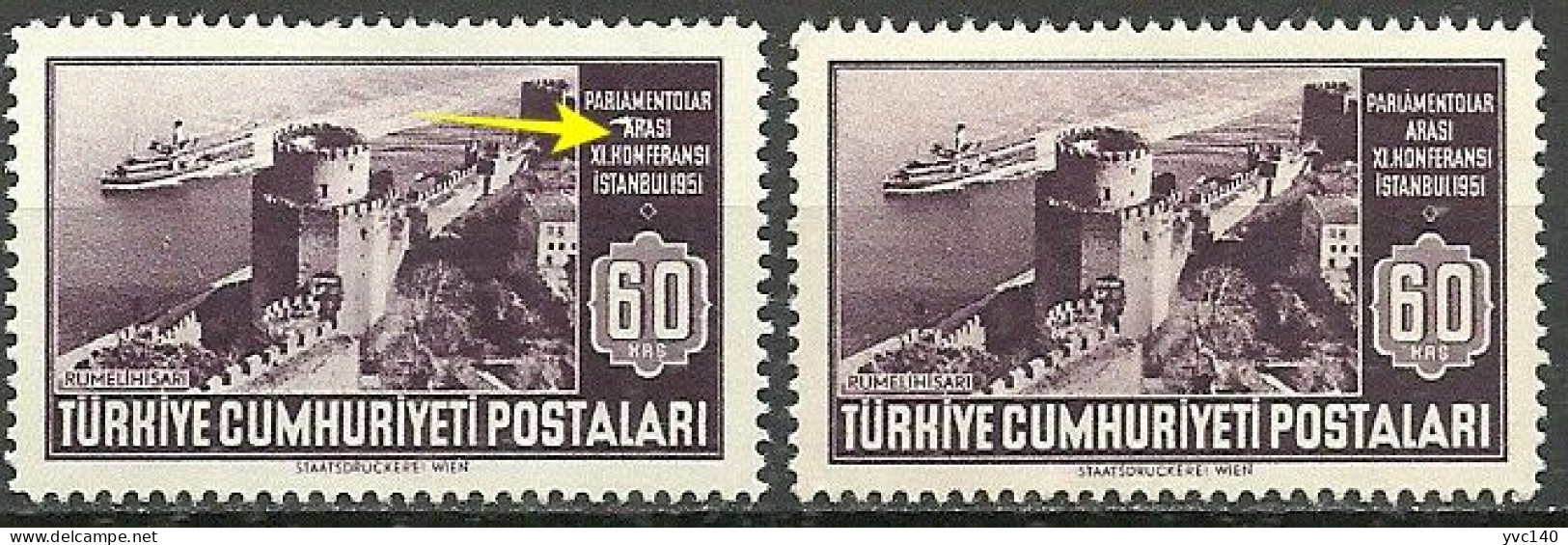 Turkey; 1951 11th Interparliamentary Conference 60 K. "Printing Stain" - Ongebruikt