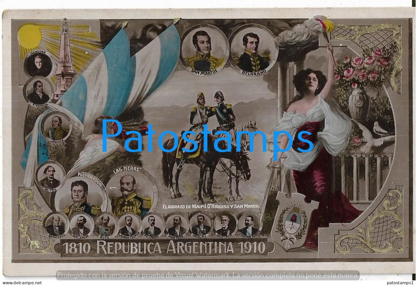 227722 ARGENTINA CENTENARY PATRIOTIC FLAG HERALDRY PROCER EL ABRAZO DE MAIPU O'HIGGINS & SAN MARTIN POSTCARD - Argentinië