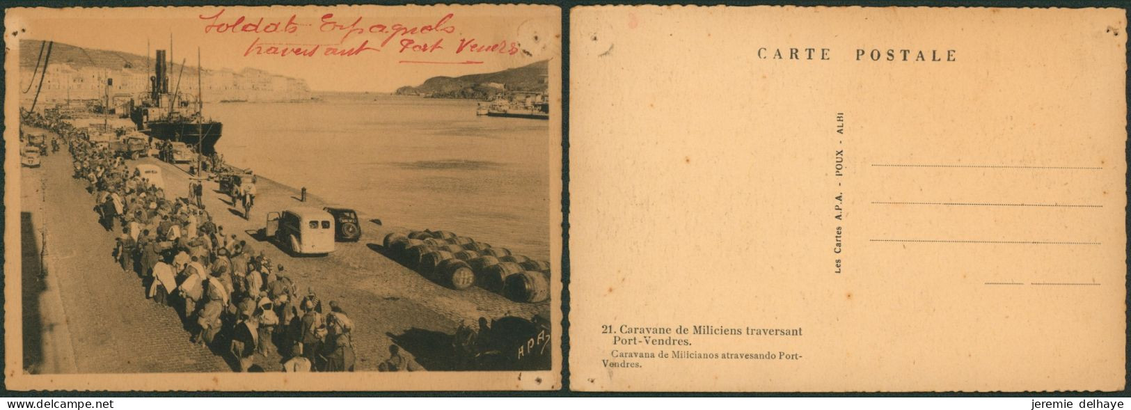 Carte Postale - Guerre D'Espagne : Caravane De Miliciens Traversant Port-Vendres (n°21, Trou De Punaise) - Otros & Sin Clasificación