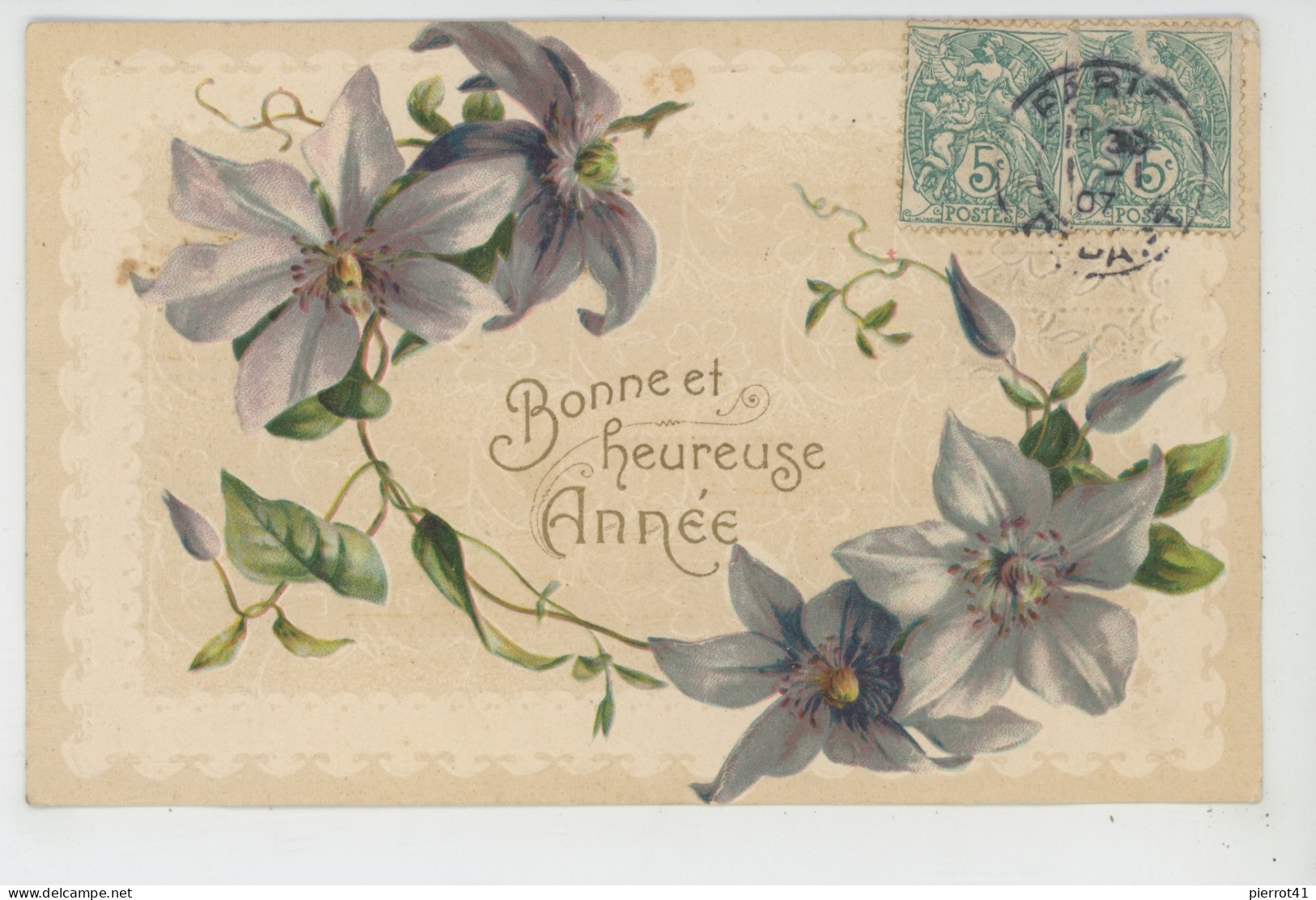 FLEURS - Jolie Carte Fantaisie Gaufrée Fleurs Clématites De "Bonne Année" (embossed Card) - Nouvel An