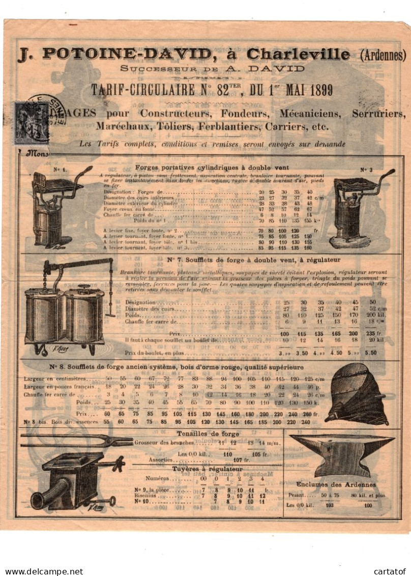 POTOINE DAVID CHARLEVILLE . Tarif Circulaire Du 1er MAI 1899 .  - Autres & Non Classés