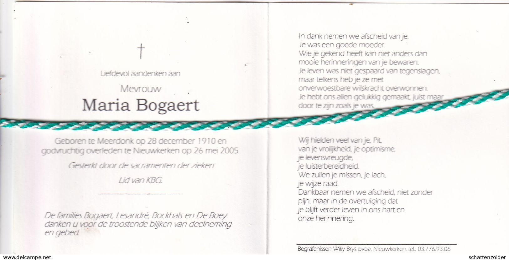 Maria Bogaert-Lesandré, Meerdonk 1910, Nieuwkerken 2005. Foto - Esquela