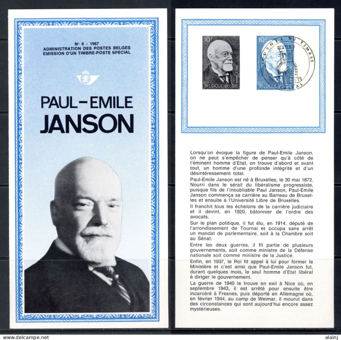 BE   1414   ---   Feuillet Officiel   --  Paul-Emile Janson  --  1er Jour - Post Office Leaflets