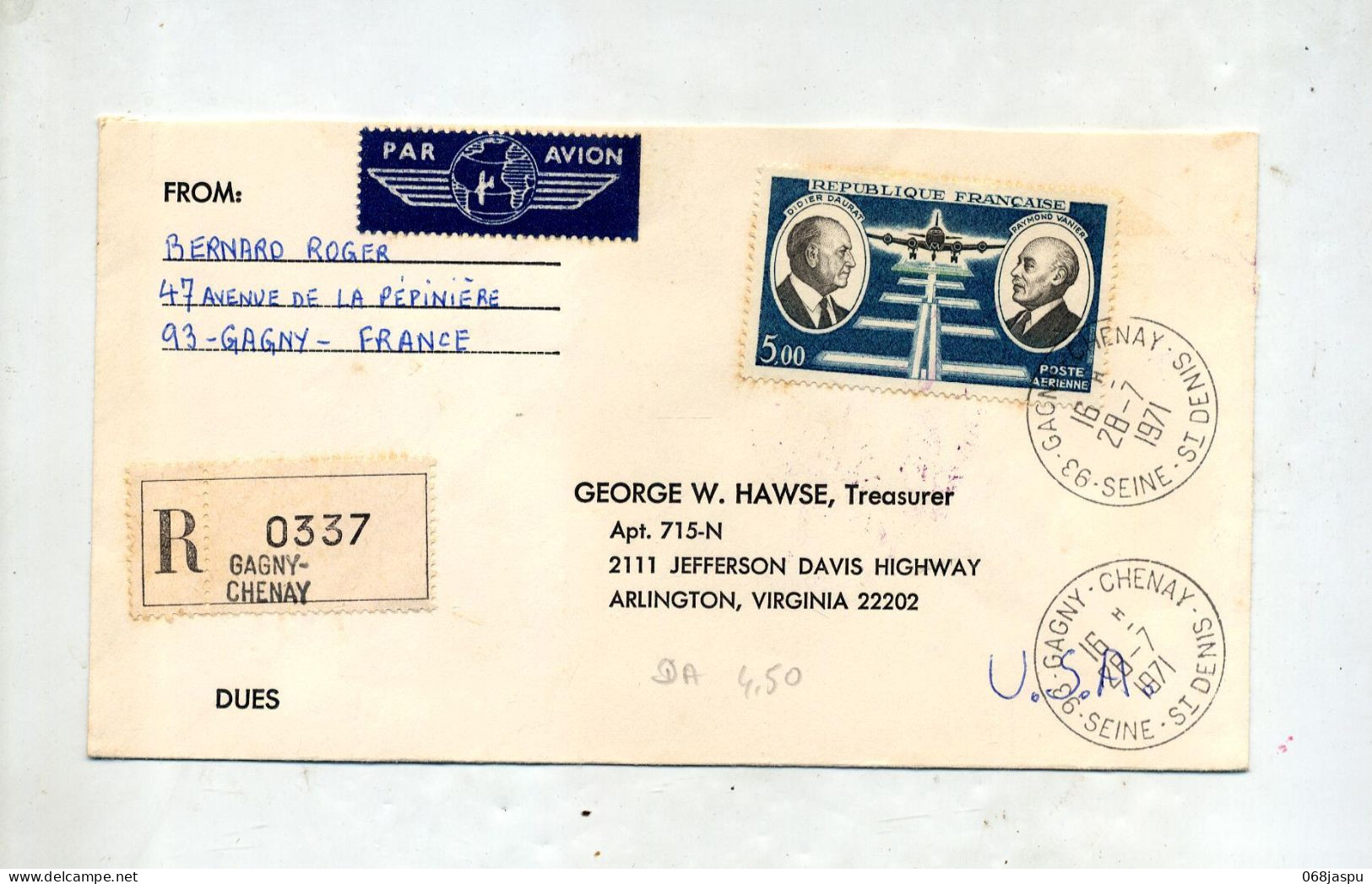 Lettre  Recommandée Gagny Sur Daurat  + Arlington - Manual Postmarks