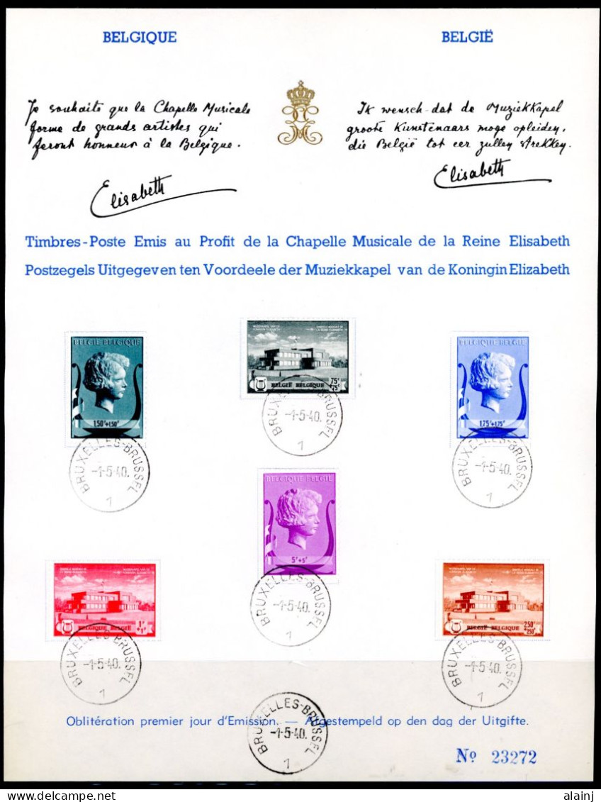 BE   532 - 537 --- Sur Feuillet Profit De La Chapelle Musicale Reine Elisabeth -- Premier Jour - Briefe U. Dokumente