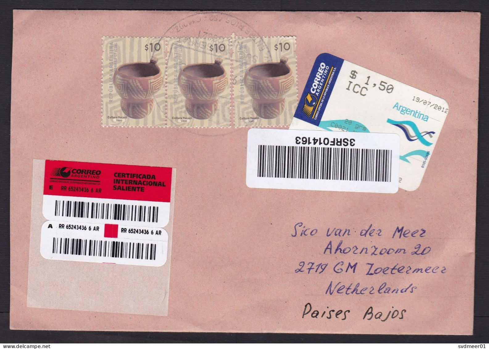 Argentina: Registered Cover To Netherlands, 2012, 3 Stamps & ATM Label, CN22 Customs Declaration (minor Damage) - Brieven En Documenten