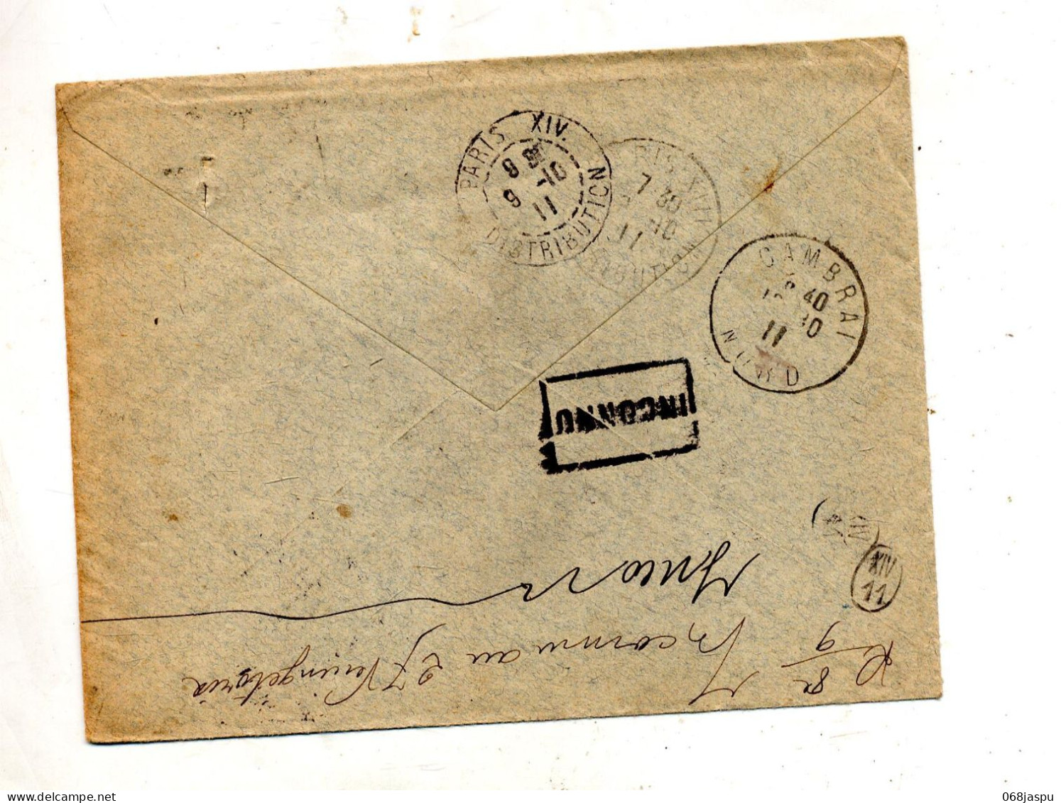 Lettre  Cachet Cambrai + Retour  Inconnu + Paris - Handstempel