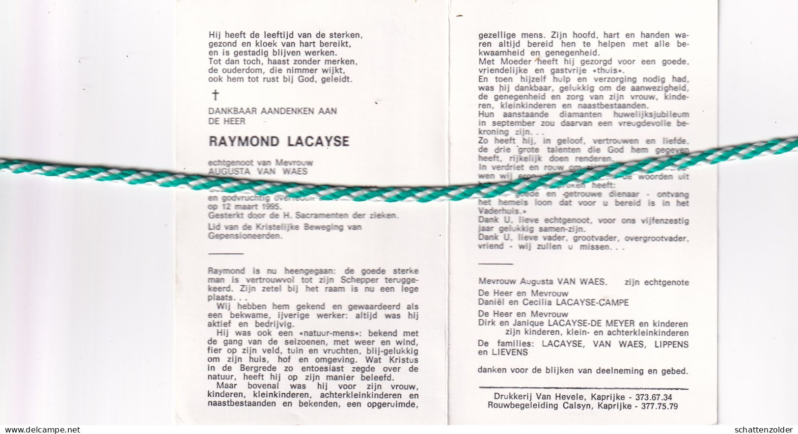 Raymond Lacayse-Van Waes, Kaprijke 1902, 1995 - Obituary Notices