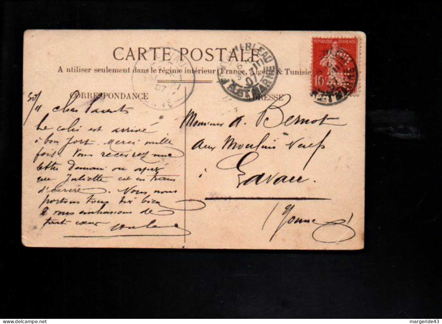 PERFORE SUR CARTE POSTALE DE FONTAINEBLEAU - BEL EXEMPLE DE FRAUDE A L'ENTREPRISE  1907 - Lettres & Documents