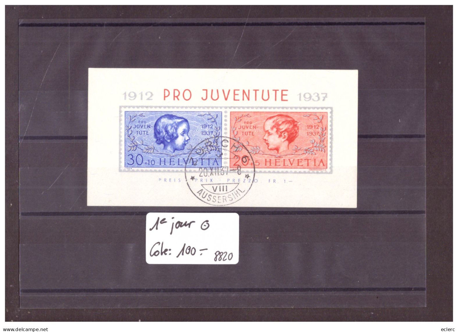 BLOC PRO JUVENTUTE 1937 OBLITERE PREMIER JOUR  - COTE: 100.- - Blocs & Feuillets