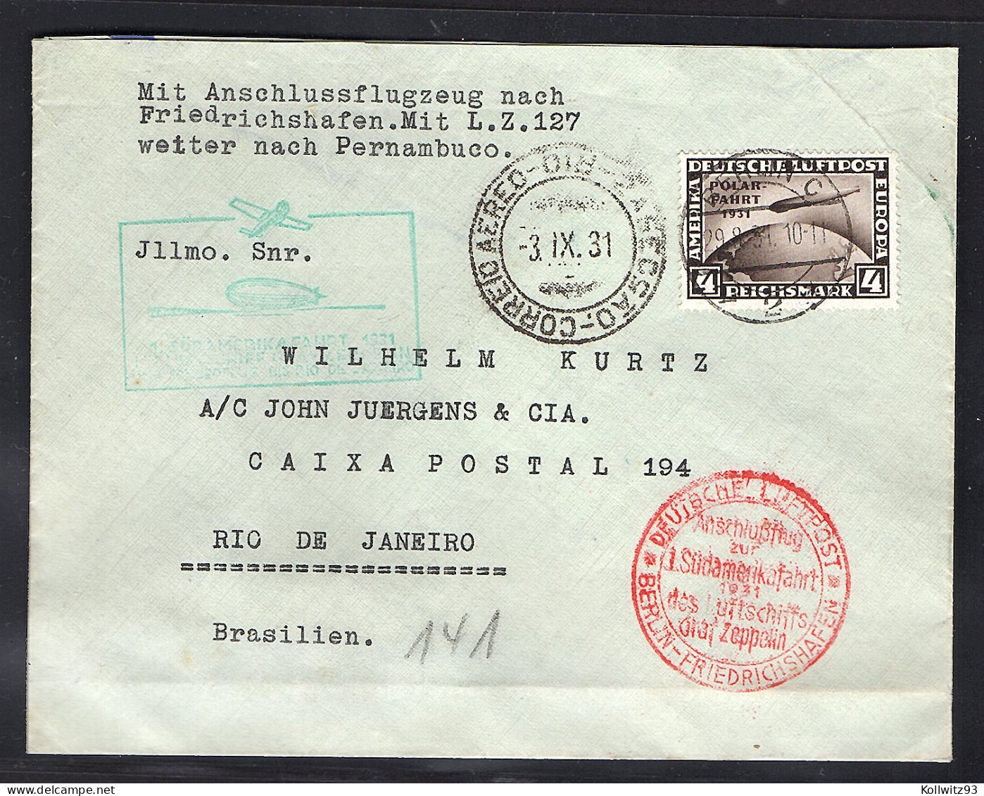 Zeppelin-Brief,  Mit EF. Mi.-Nr. 458 Nach Brasilien. - Zeppelins