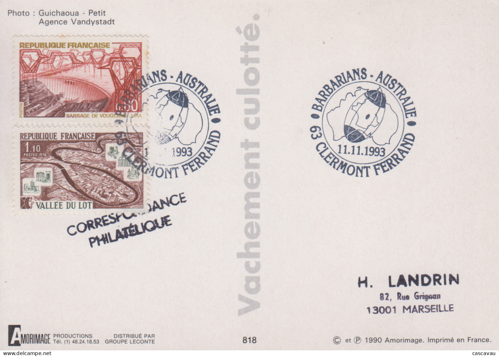 Carte   RUGBY   Match   BARBARIANS  -  AUSTRALIE     CLERMONT  FERRAND   1993 - Rugby