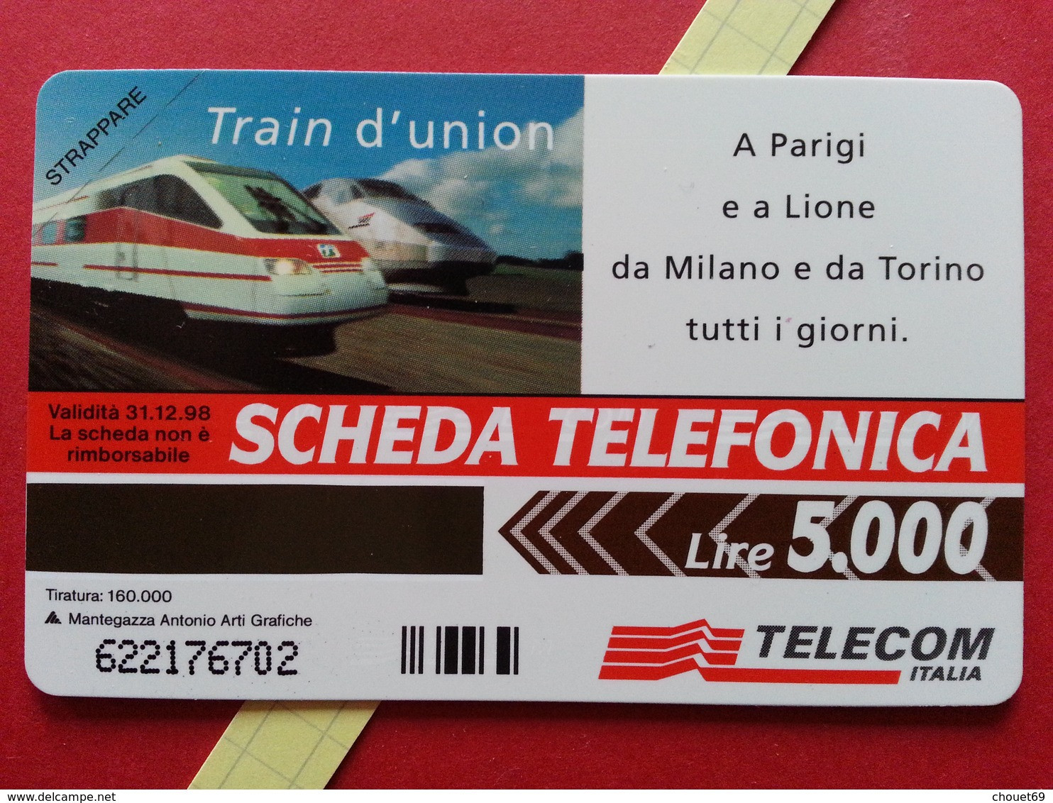 ITALIA TELECOM Lire 5000 ARTESIA SNCF TGV TRAIN D' UNION PARIGI LIONE 31.12.98 Nueva MINT Neuve (TI320 - Public Advertising