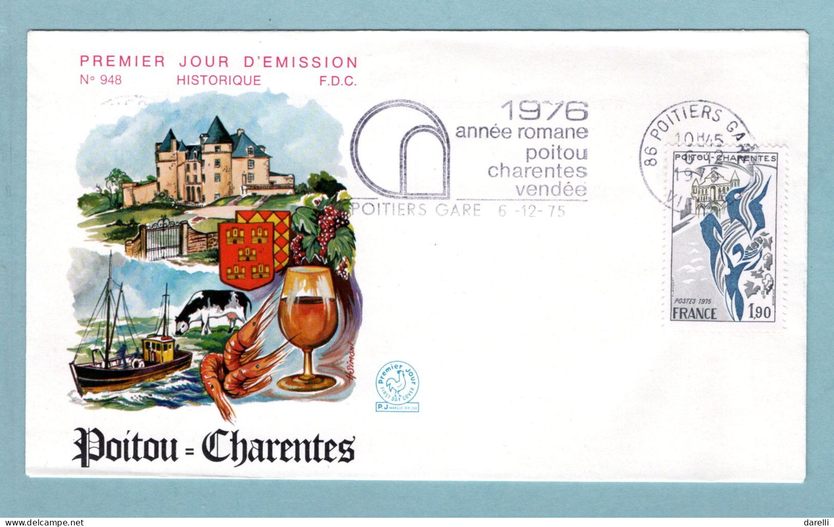 FDC France 1975 - Série Régions - Poitou-Charentes - YT 1851 - Flamme Année Romane Poitou Charentes 86 Poitiers Gare - 1970-1979