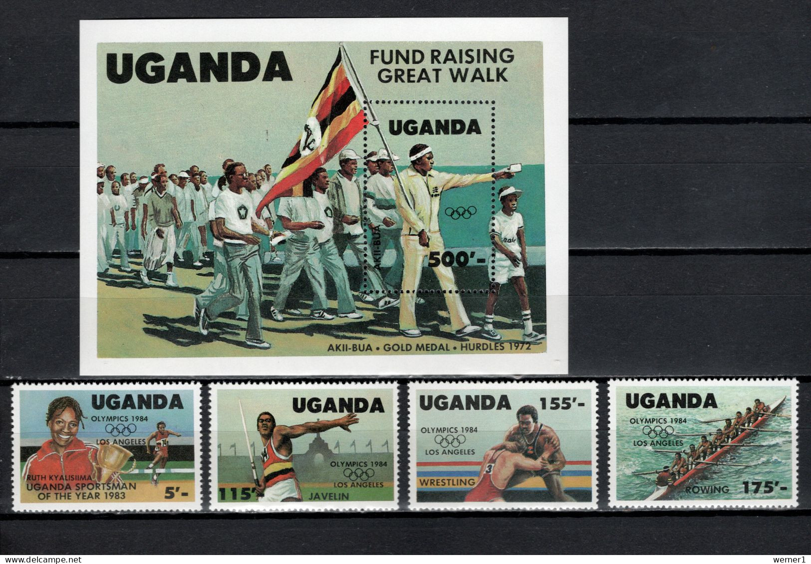 Uganda 1984 Olympic Games Los Angeles, Javelin, Wrestling, Rowing Etc. Set Of 4 + S/s MNH - Sommer 1984: Los Angeles