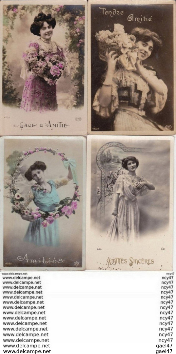 Lot 4 CPA.FANTAISIES. Amitiés. Jolies Femmes En Robe Drapée Et Dentelle, Fleurs Roses Et Myosotis, Lettre. ..Z958 - Femmes