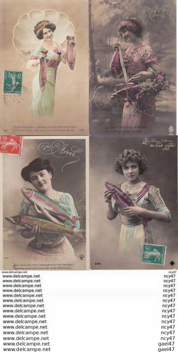 Lot 4 CPA. 1er AVRIL. Jolies Femmes, Poissons...Z926 - 1° Aprile (pesce Di Aprile)