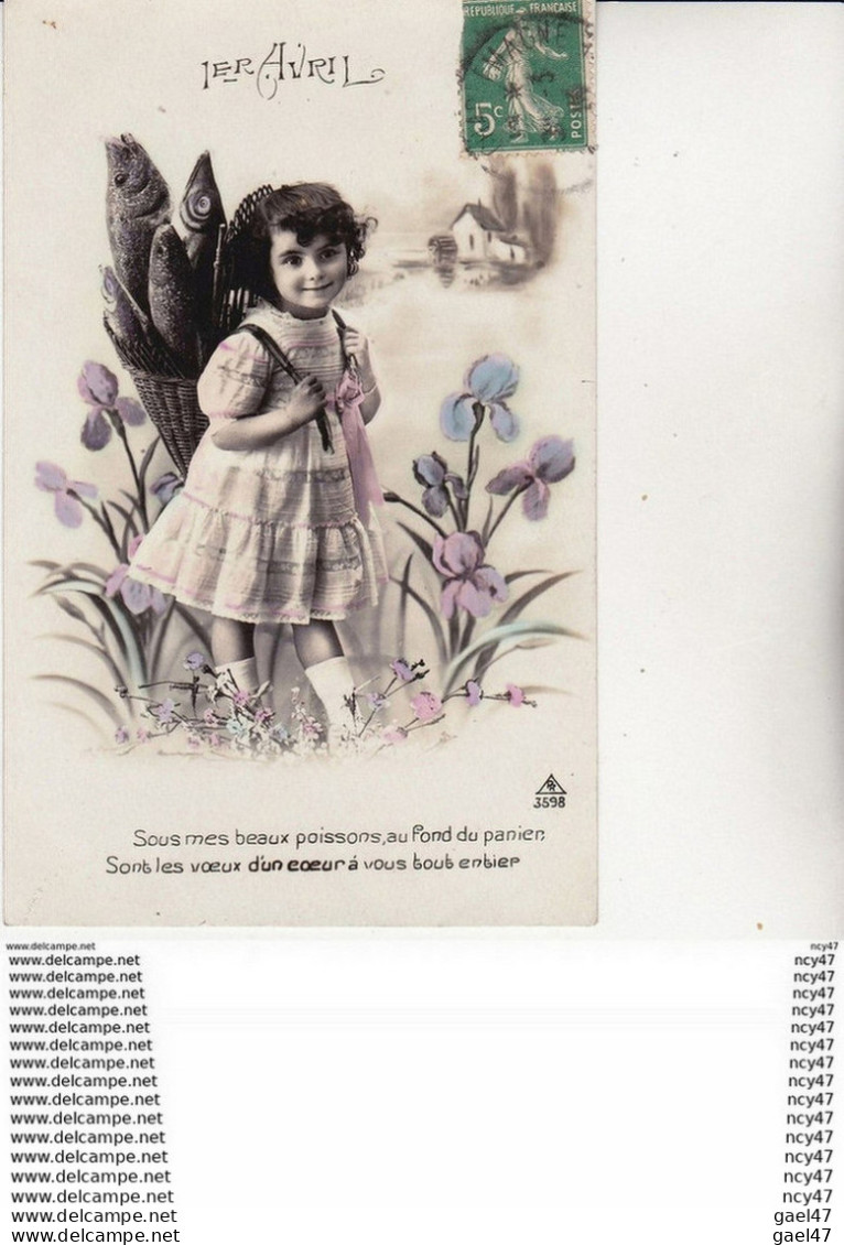 Lot De 4 CPA 1er AVRIL.  Poissons Et Fleurs, Bouchon, Fillette Avec Hotte De Poissons, Belle Femme Avec Message. ...Z119 - April Fool's Day