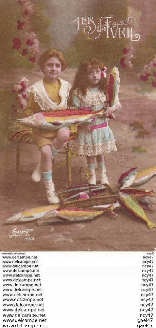 CPA 1er AVRIL. Fantaisie, Fillettes En Robe Dentelle, Poissons, Fleurs. ...T447 - 1° Aprile (pesce Di Aprile)