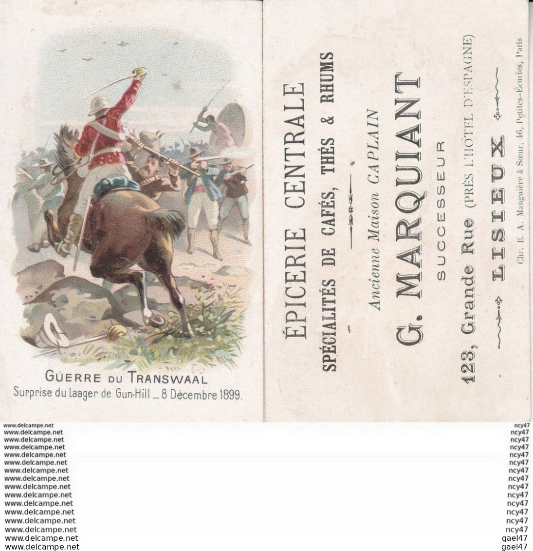 CHROMOS. Epicerie Centrale G. MARQUIANT (Lisieux).  Guerre Du Transwaall. Surprise Du Laager De Gun-hill.T323 MILITARIA - Altri & Non Classificati