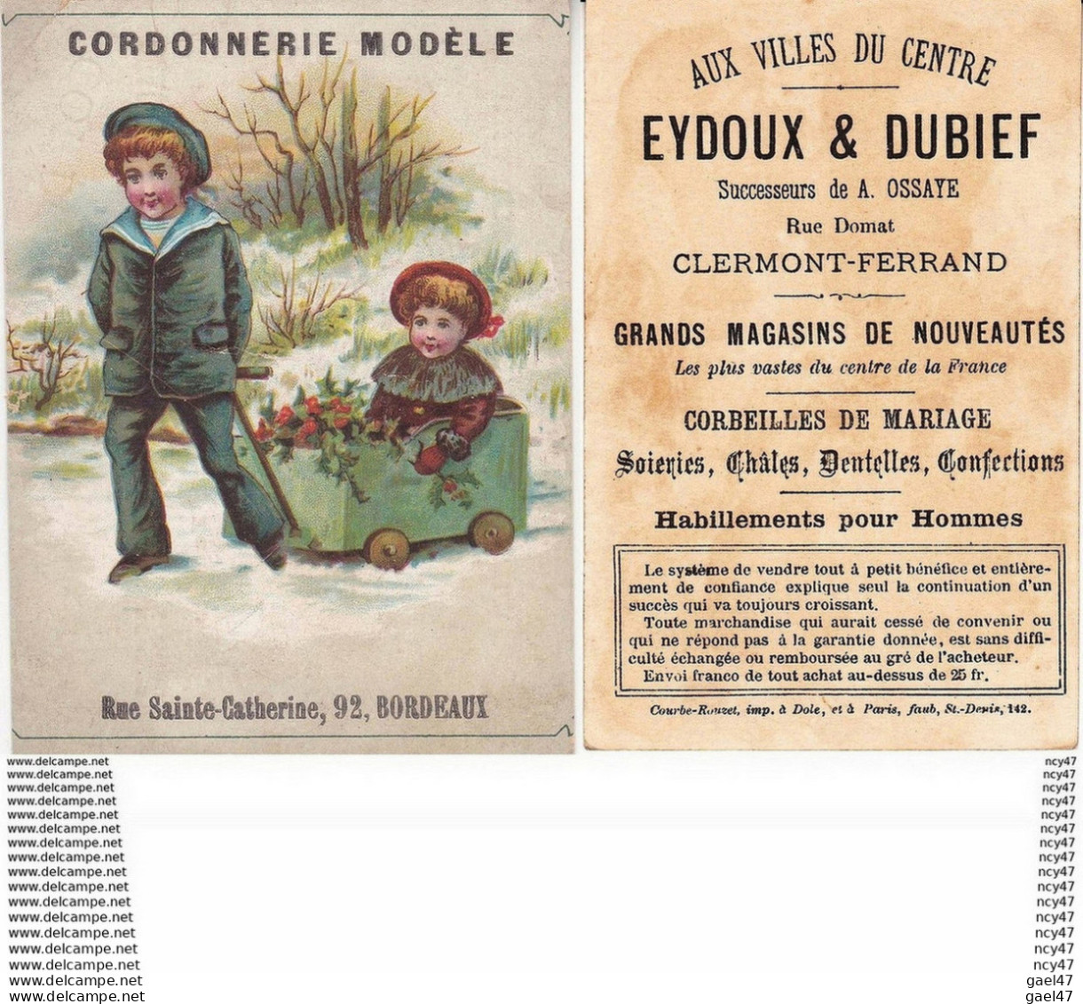 CHROMOS. CORDONNERIE MODELE. Bordeau.  Garçon Tirant Une Fillette Dans Un Chariot. ...Z155 - Sonstige & Ohne Zuordnung