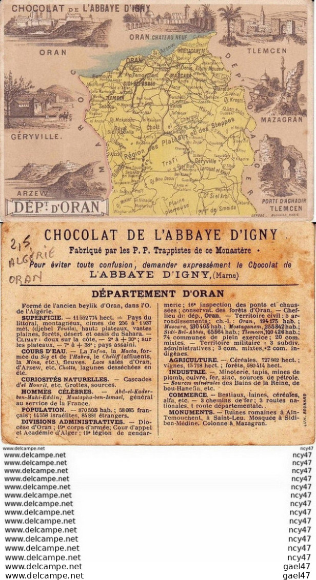 CHROMOS. Chocolat.L'ABBAYE D'IGNY.(Marne).  Carte Géographique D'Algérie, Département D'Oran. ...Z330 - Sonstige & Ohne Zuordnung