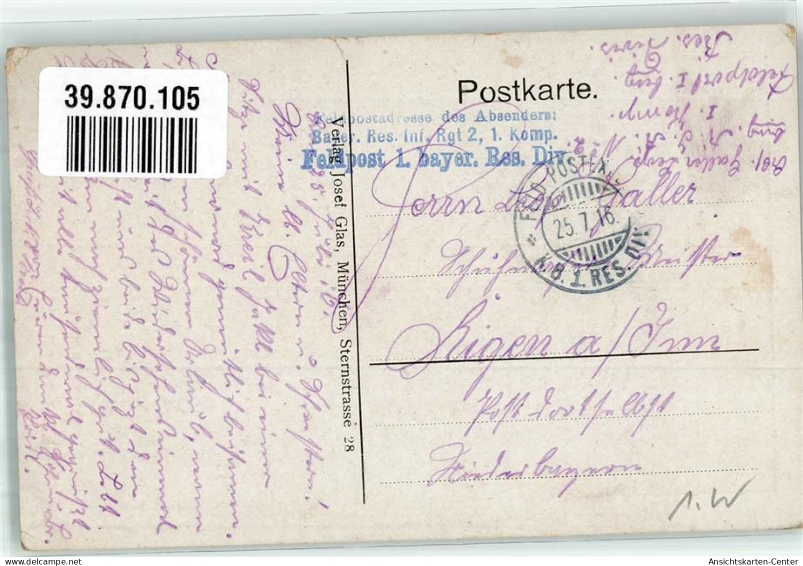 39870105 - Sign. A.GR. Landser Haut Faulem Kameraden Einen Nagel Ins Hinterteil Feldpost Bayer. 1. Res.-Div. - Oorlog 1914-18