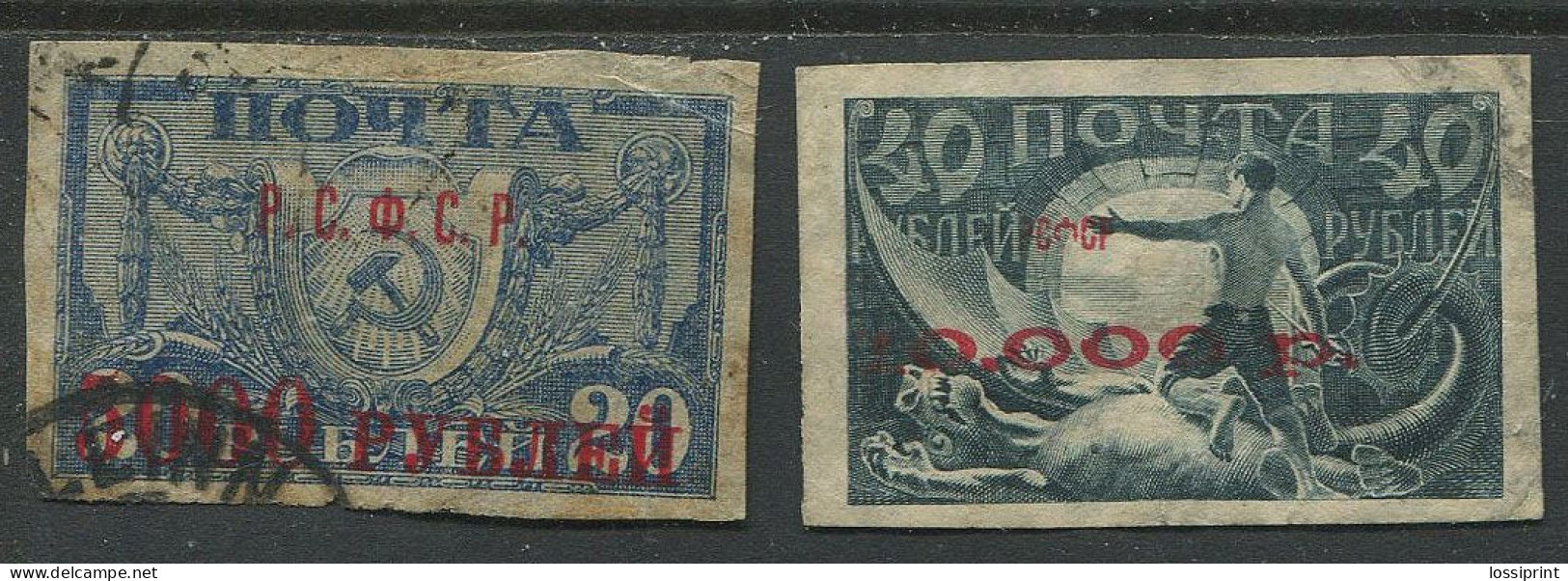 Russia:Used Overprinted Stamp 5000 Roubles On 20 Roubles Stamp, Normal Paper, 10000 Roubles On 40 Roubles, 1922 - Usati