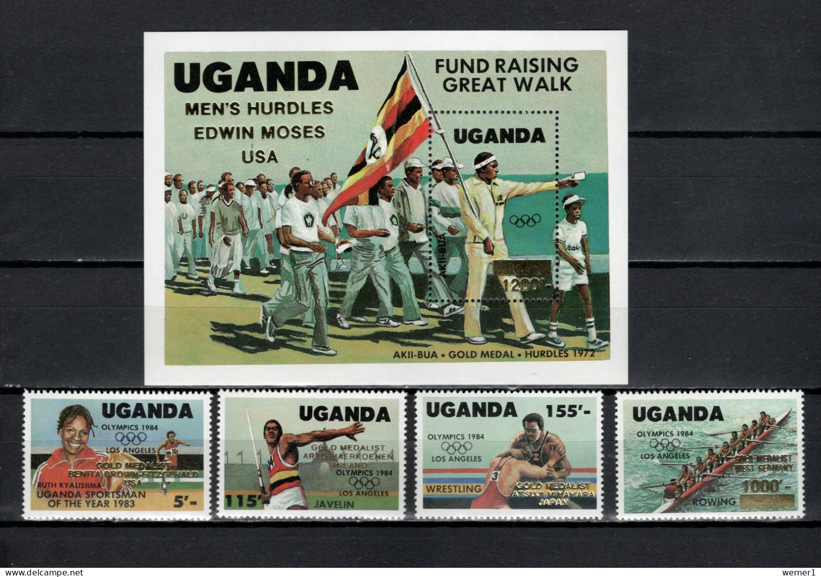 Uganda 1985 Olympic Games Los Angeles, Javelin, Wrestling, Rowing Etc. Set Of 4 + S/s With Winners Overprint MNH - Verano 1984: Los Angeles