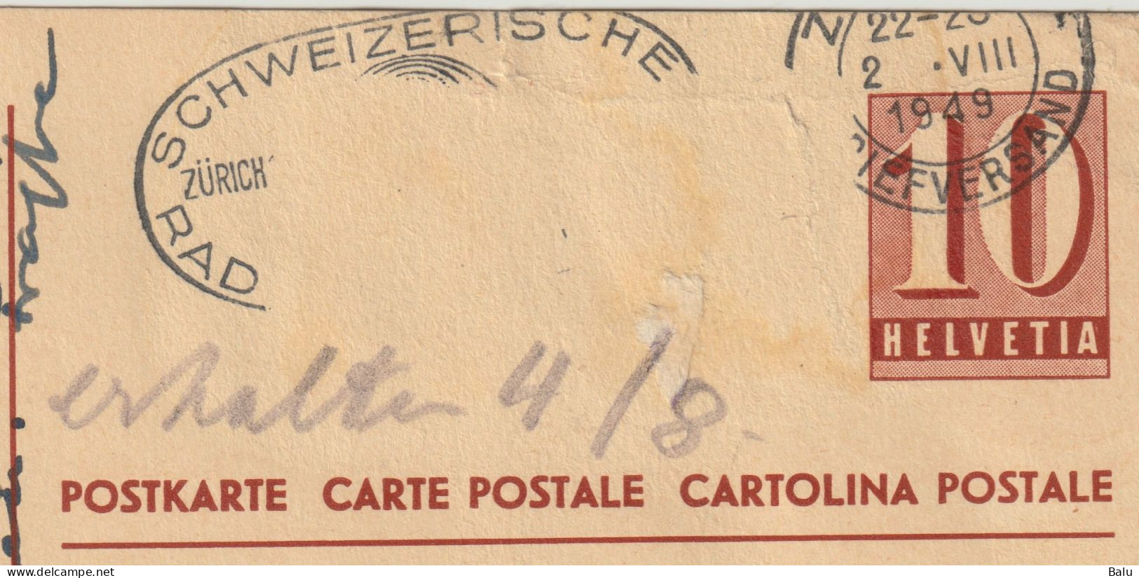 Schweiz Ganzsachen Postkarte Ziffer 10 C. Zürich 1949, 2 Scans, Entier Postal - Interi Postali