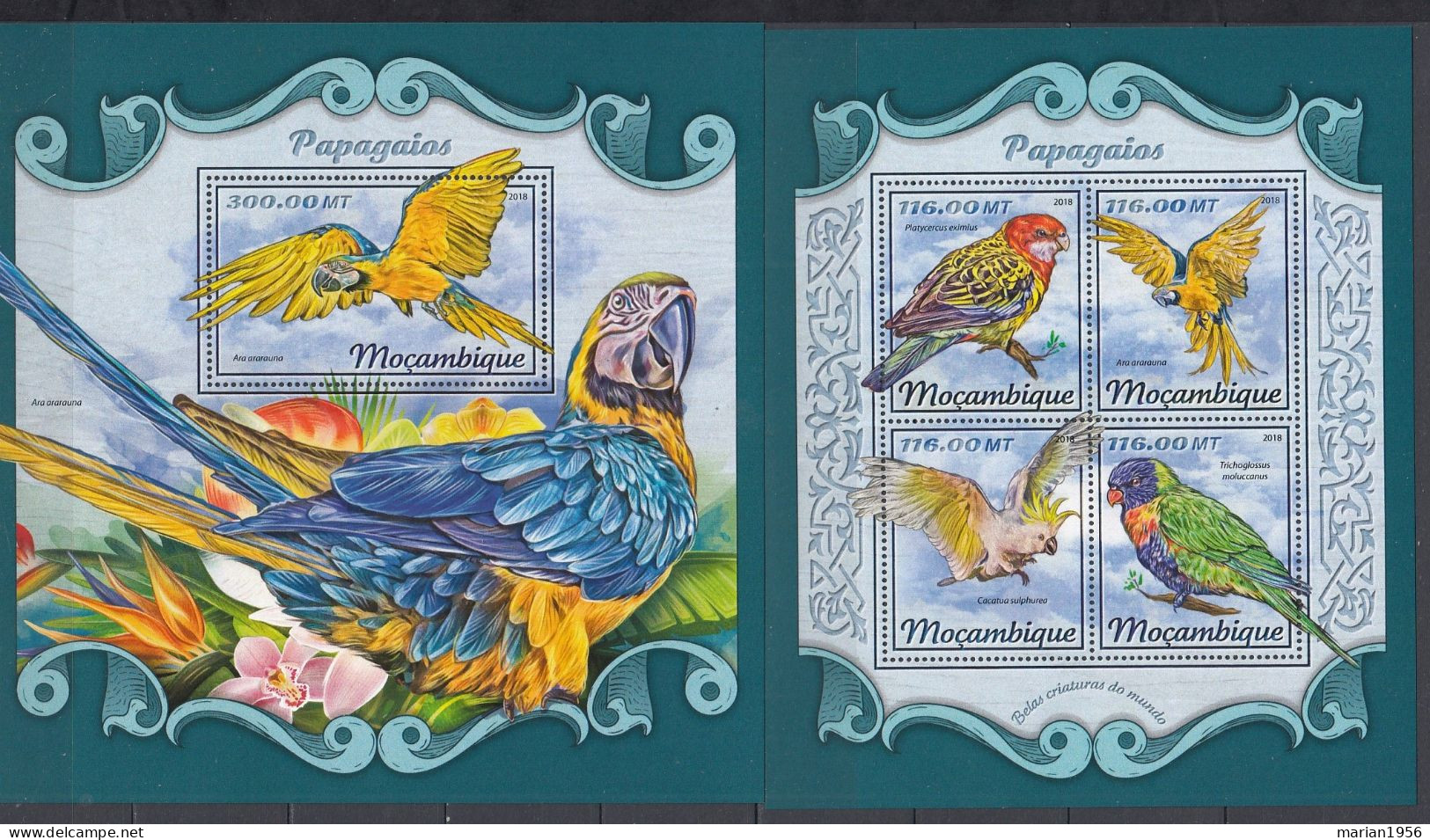 Mozambique 2018 - Oiseaux - PERROQUETS - BL + BF - MNH - Michel 42,00 Eur. - Papagayos