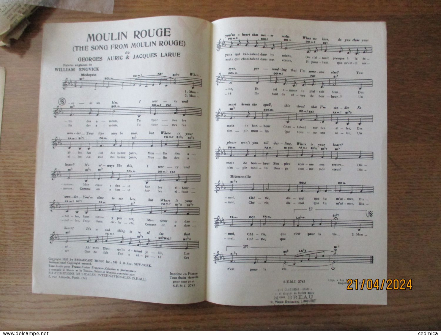 MOULIN ROUGE DE GEORGES AURIC & JACQUES LARUE  PAROLES ANGLAISES DE WILLIAM ENGVICK - Partituren