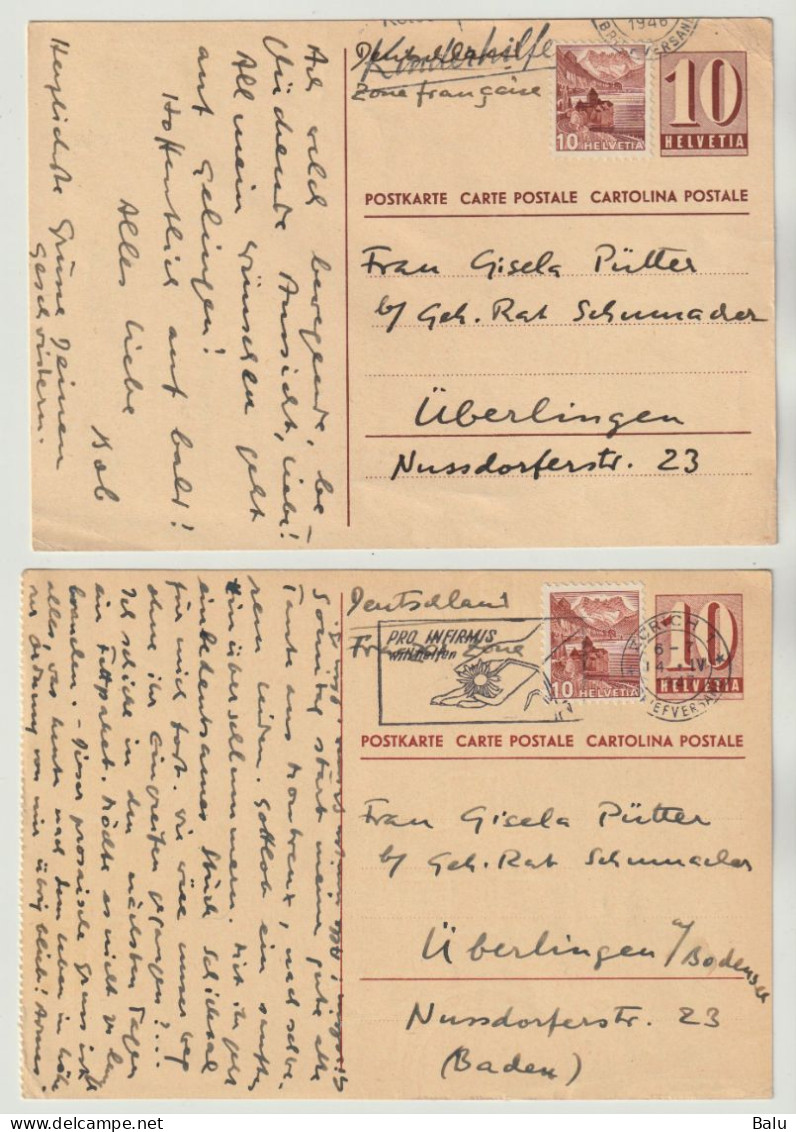 Schweiz 2 Ganzsachen Postkarten Ziffer 10 C. Zürich 1946/1947, 3 Scans, Entier Postal, Zusatzfrankatur - Entiers Postaux