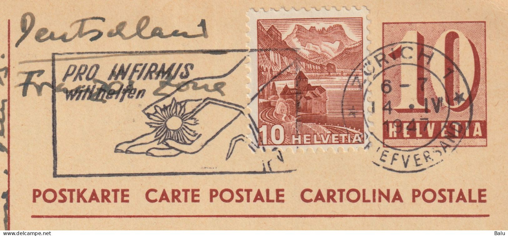 Schweiz 2 Ganzsachen Postkarten Ziffer 10 C. Zürich 1946/1947, 3 Scans, Entier Postal, Zusatzfrankatur - Enteros Postales