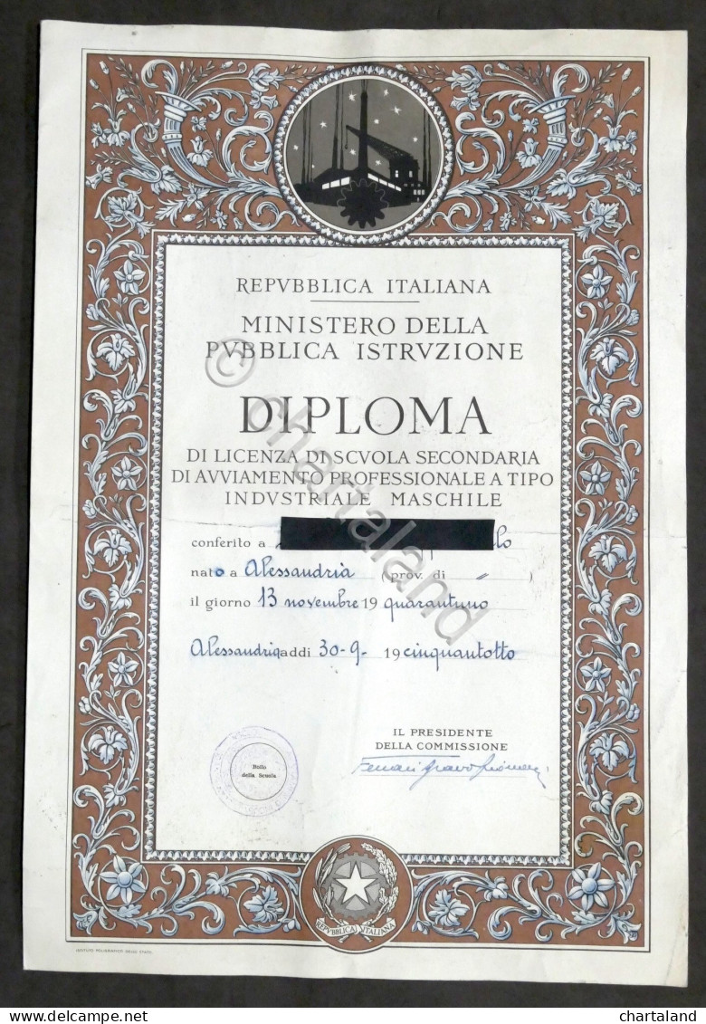 Diploma Di Licenza Scuola Secondaria Industriale Maschile - Alessandria - 1958 - Unclassified