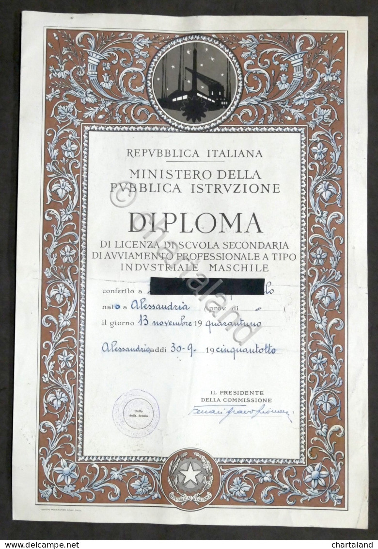 Diploma Di Licenza Scuola Secondaria Industriale Maschile - Alessandria - 1958 - Sin Clasificación