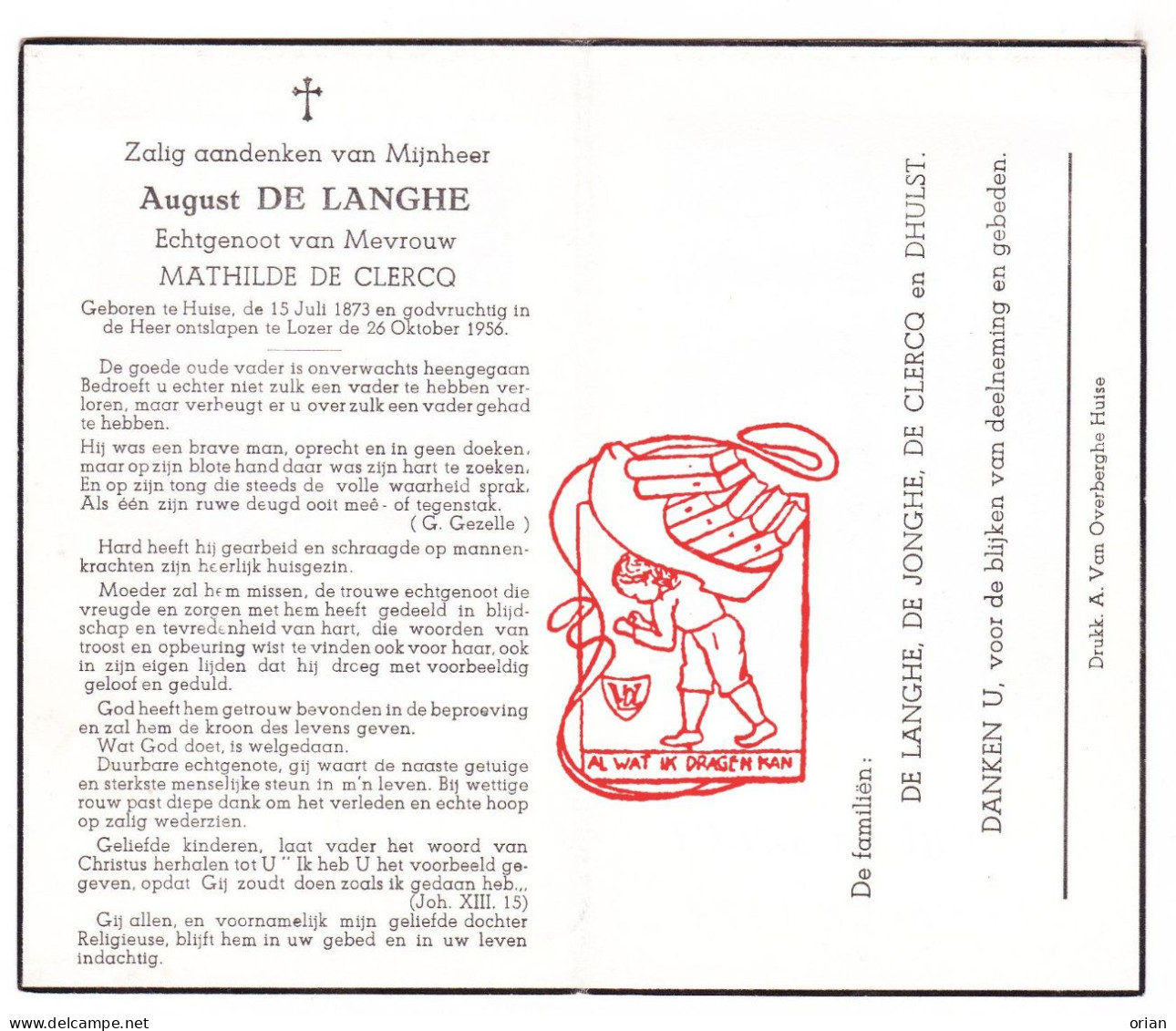 DP August De Langhe ° Huise Zingem 1873 † Lozer Kruishoutem 1956 X Mathilde De Clercq // De Jonghe Dhulst - Devotion Images