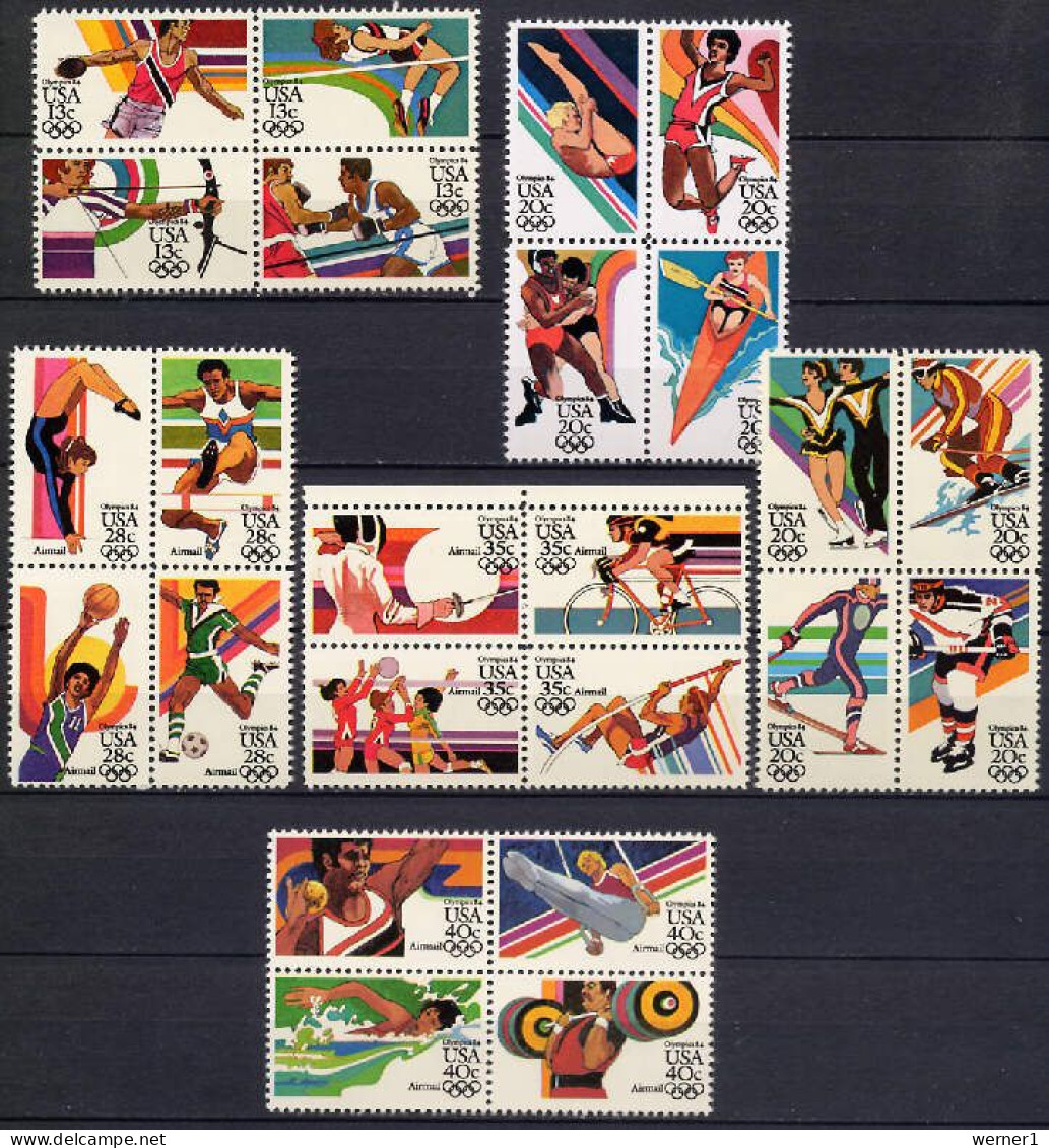 USA 1983/1984 Olympic Games Los Angeles / Sarajevo, Football Soccer, Fencing, Cycling Etc. Set Of 6 Blocks Of 4 MNH - Verano 1984: Los Angeles