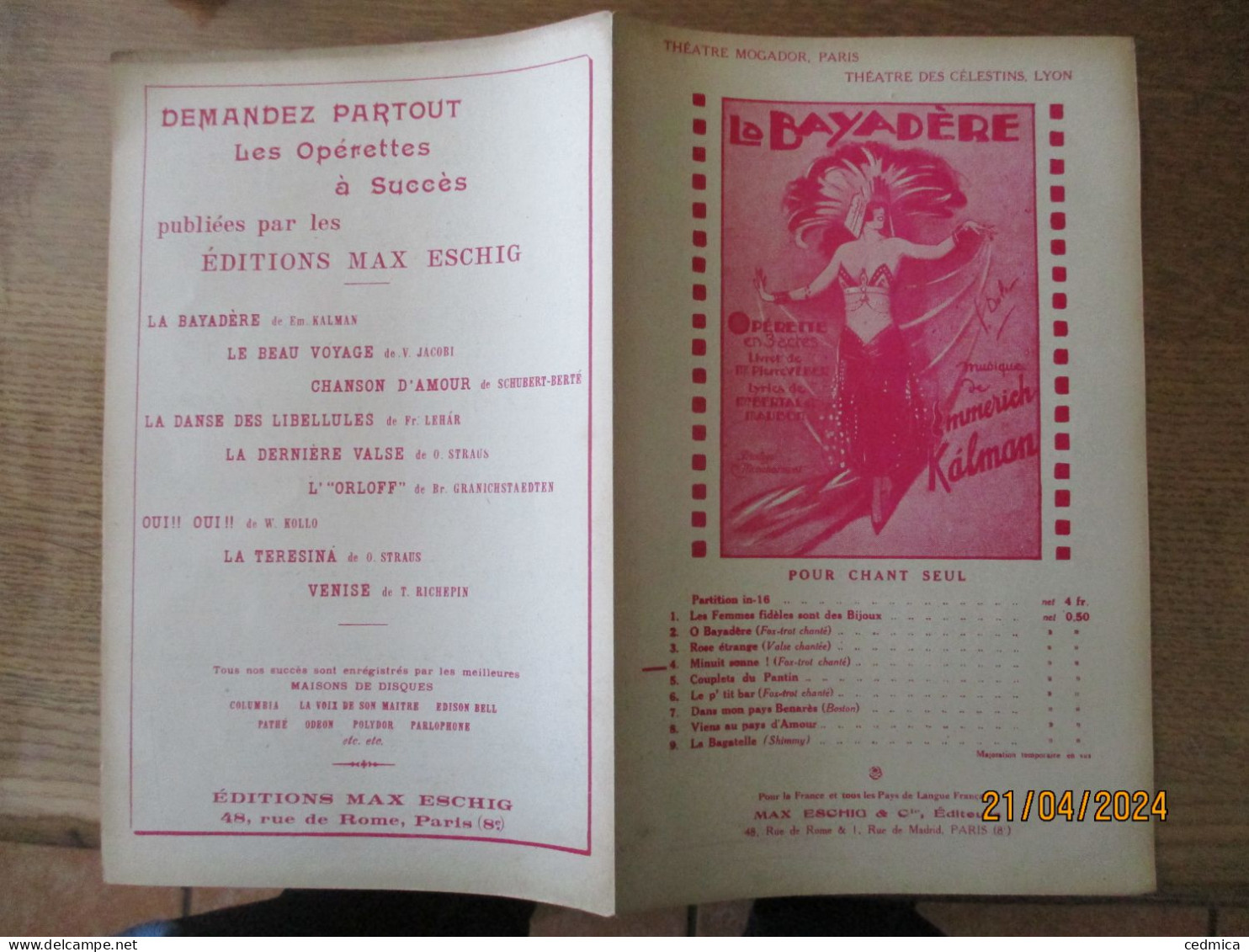 MINUIT SONNE FOX TROT EXTRAIT DE L'OPERETTE "LA BAYADERE" LIVRET FRANCAIS DE PIERRE VEBER MUSIQUE DE EMMERICH KALMAN - Partitions Musicales Anciennes