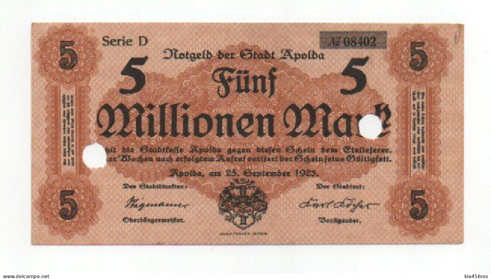 Apolda  5 Mio. Mark 1923 Entwertet - [11] Local Banknote Issues