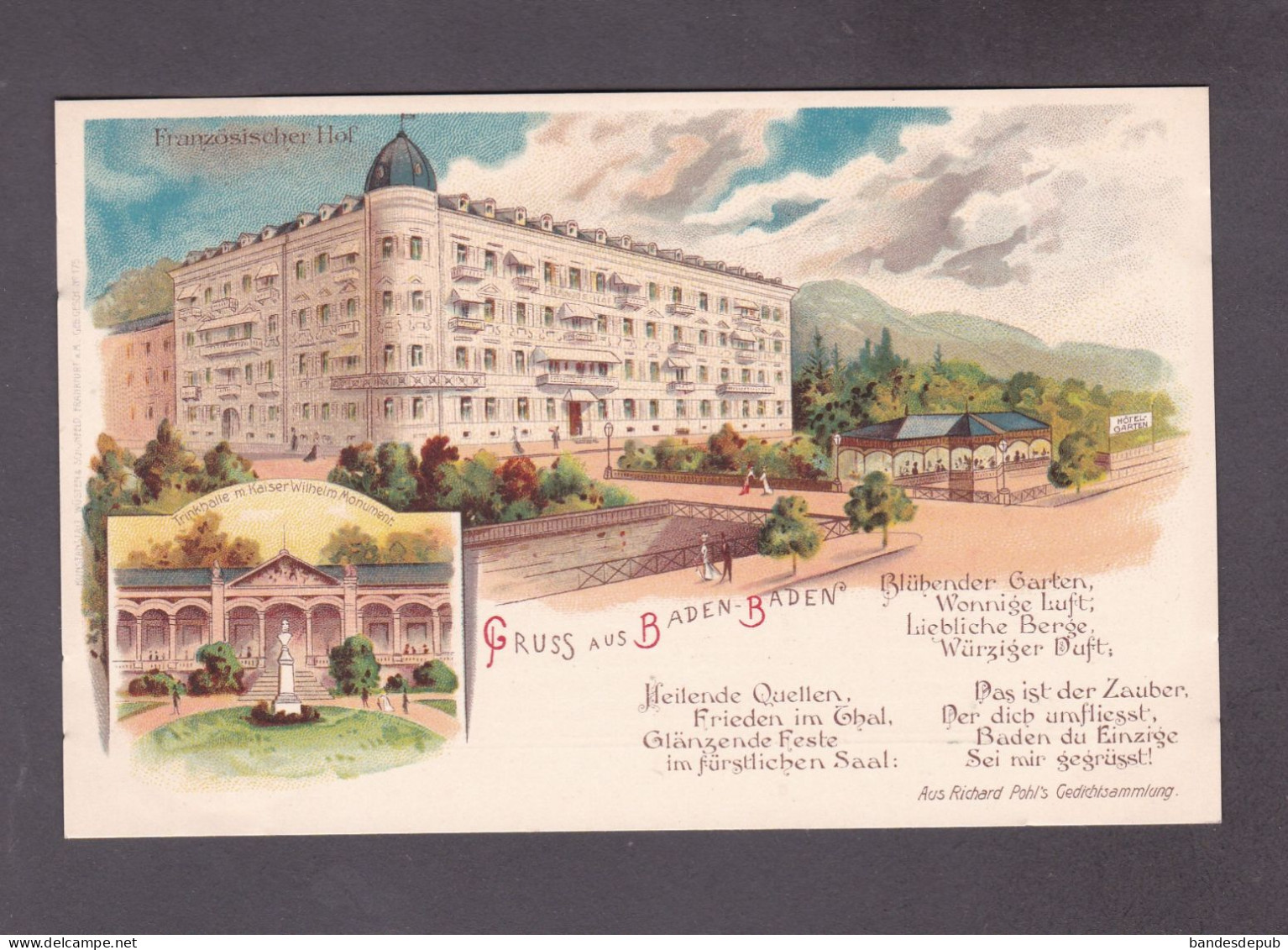 Carte Publicitaire Gruss Aus  Baden Baden Französischer Hof Trinkhalle  ( Chromo Lithographie Poesie Richard Pohl 58911) - Baden-Baden