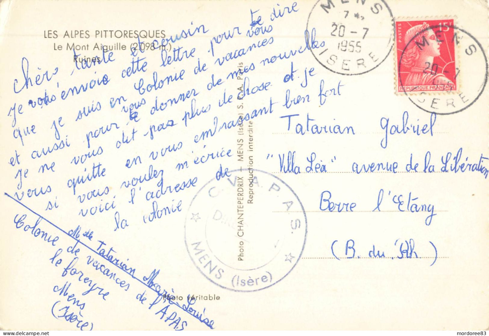 38 / MENS / COLONIE VACANCE DE L'APAS / CPSM / LE MONT AIGUILLE 1955 - Mens