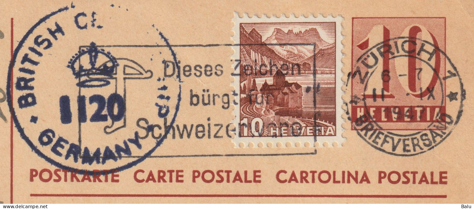 Schweiz Ganzsachen Postkarte Ziffer 10 C. Zürich 1947, British Censorship, Zensurstempel, 2 Scans, Entier Postal - Postwaardestukken