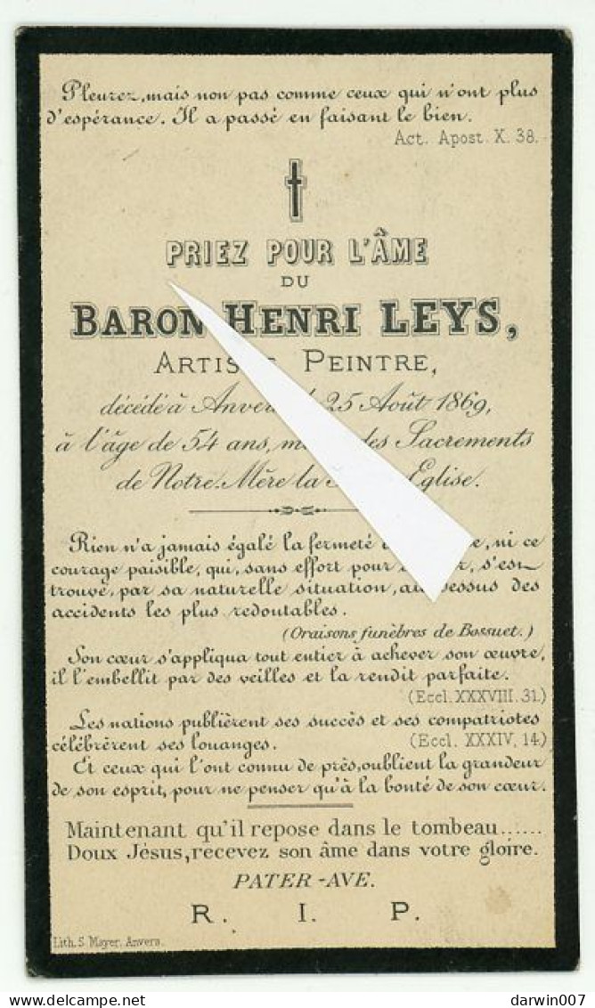 Bidprentje - Doodsprentje - Baron Henri Leys Overleden Te Antwerpen 25 Augustus 1869 - Images Religieuses