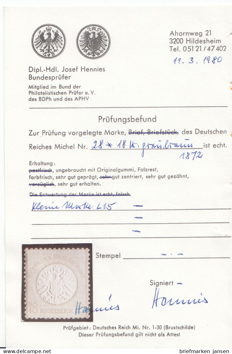 D,Dt.Reich Mi.Nr. 28 Adler Mit Großem Brustschild (18 Kreuzer) - Unused Stamps