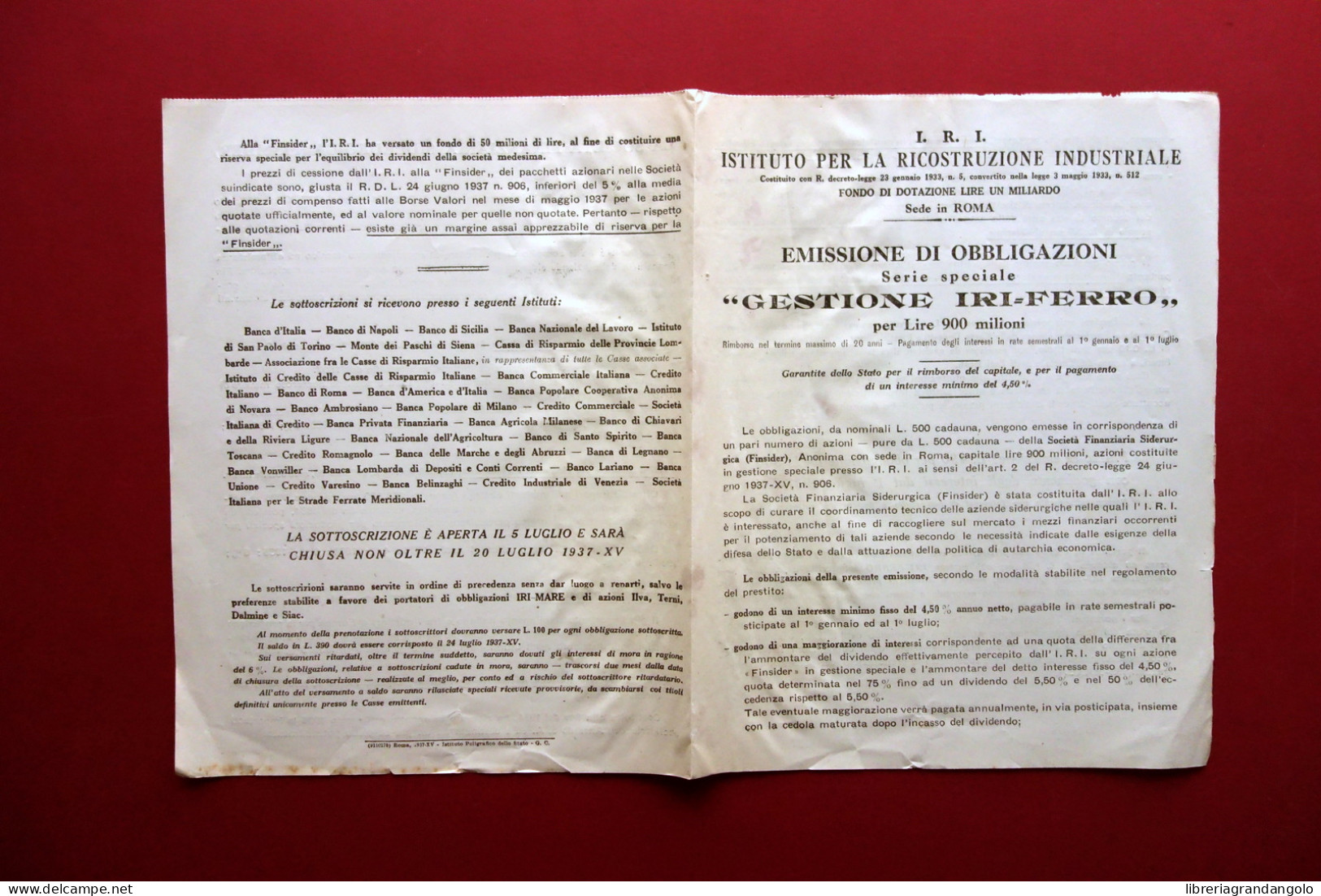IRI Istituto Ricostruzione Industriale Roma Emissione Obbligazioni Ferro 1937 - Non Classés