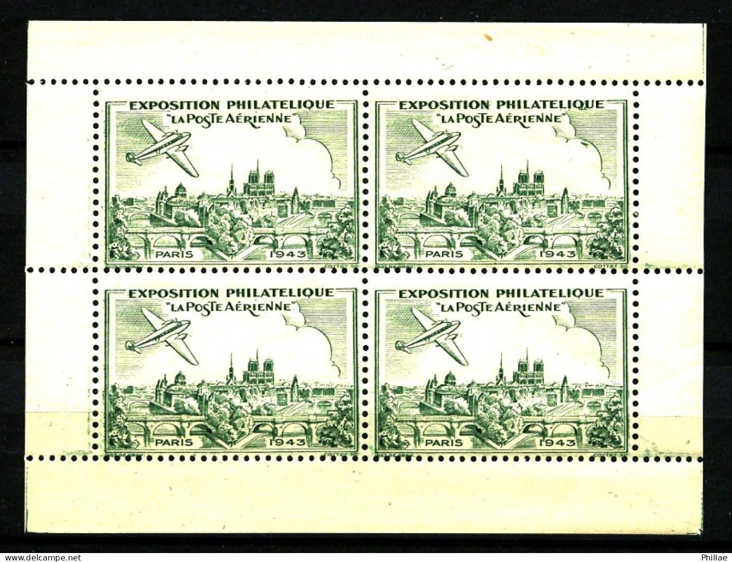 Expo. Philatélique Poste Aérienne PARIS 1943 - Bloc De 4 Vignettes Vertes - Gommé - Neuf N** - TB - Aviation